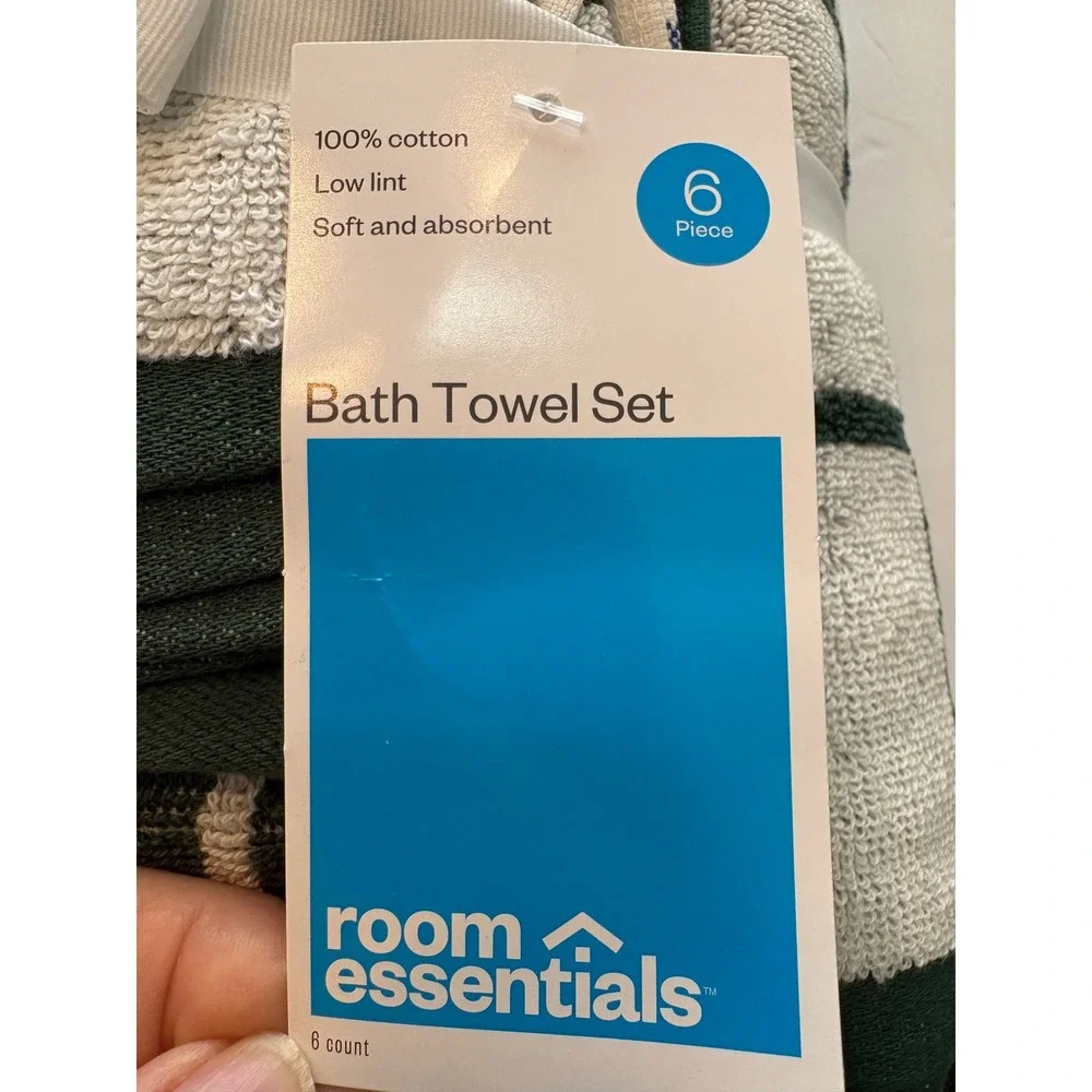 Room‎ Essentials 6 Piece Bath Towel Set Green White Windowpane Plaid 100% Cotton